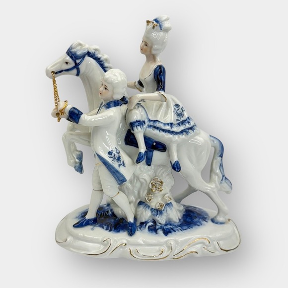 Vintage Porcelain Horse Rider & Handler Figurine Blue White Gold Trim 9 Inch - Picture 1 of 16